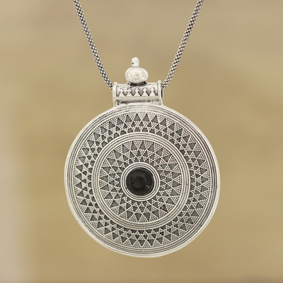 Onyx pendant necklace, 'Dotted Mandala' - Mandala Pattern Onyx Pendant Necklace from India