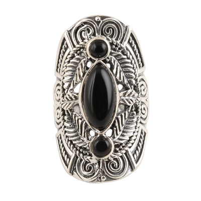 Onyx cocktail ring, 'Leaves of Midnight' - Leaf-Pattern Onyx Cocktail Ring from India