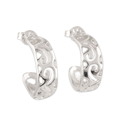 Sterling silver half-hoop earrings, 'Wavy Grace' - Wavy Openwork Sterling Silver Half-Hoop Earrings from India