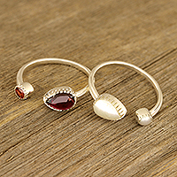 Garnet and cultured pearl wrap rings, 'Stylish Flavor' (pair) - Garnet and Cultured Pearl Wrap Rings from India (Pair)