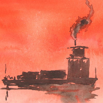 'Sunset Muse' - Signiertes Aquarellgemälde von Booten bei Sonnenuntergang aus Indien