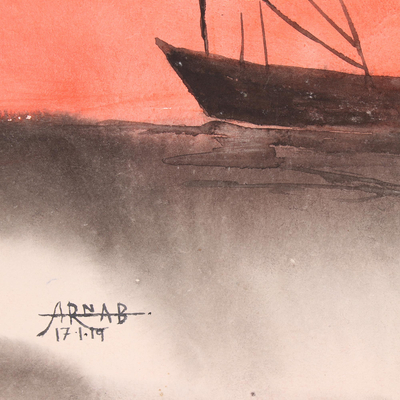 'Dusk Charm' - Pintura de acuarela náutica firmada de la India