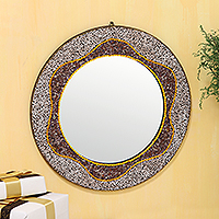 Agate and glass wall mirror, 'Vibrant Waves' - Wave Pattern Round Glass Wall Mirror from India