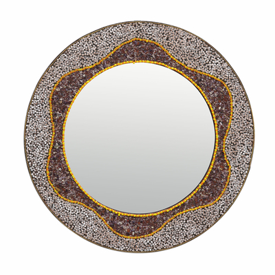 Glass wall mirror, 'Vibrant Waves' - Wave Pattern Round Glass Wall Mirror from India
