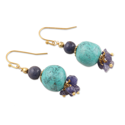 Quartz beaded dangle earrings, 'Watery Globes' - Quartz Beaded Dangle Earrings from India
