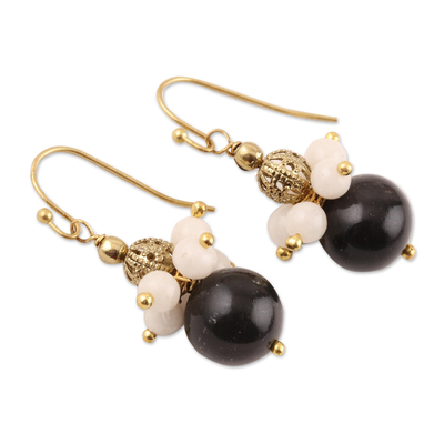 Onyx and moonstone beaded dangle earrings, 'Gleaming Globes' - Onyx and Moonstone Beaded Dangle Earrings from India
