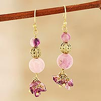 Quartz beaded dangle earrings, 'Royal Arrangement' - Pink and Purple Quartz Beaded Dangle Earrings from India