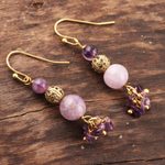 Quartz beaded dangle earrings, 'Royal Arrangement' - Pink and Purple Quartz Beaded Dangle Earrings from India