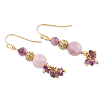 Quartz beaded dangle earrings, 'Royal Arrangement' - Pink and Purple Quartz Beaded Dangle Earrings from India