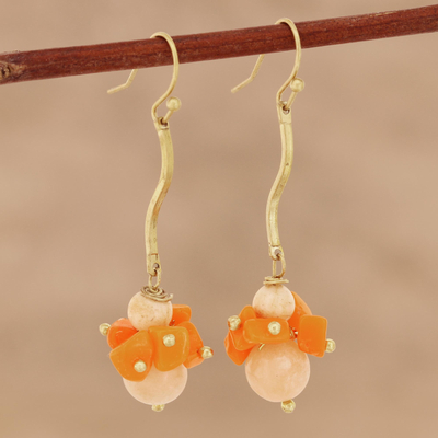 Agate beaded dangle earrings, 'Gemstone Burst' - Orange Agate Beaded Dangle Earrings from India