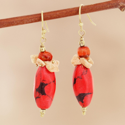 Agate beaded cluster earrings, 'Fiery Combination' - Agate and Red Resin Beaded Cluster Earrings from India