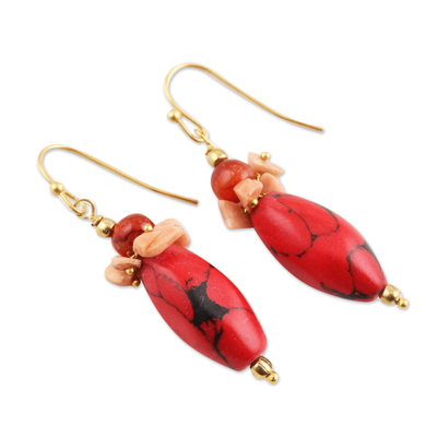 Agate beaded cluster earrings, 'Fiery Combination' - Agate and Red Resin Beaded Cluster Earrings from India