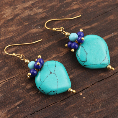 Beaded cluster earrings, 'Upturned Drops' - Sky Blue Beaded Cluster Earrings from India