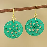 Bone dangle earrings, 'Delightful Round' - Round Blue-Green Bone Dangle Earrings from India