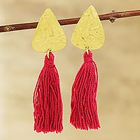 Brass and cotton dangle earrings, 'Red Cascade' - Brass and Red Cotton Dangle Earrings from India