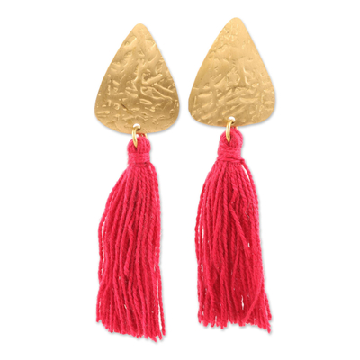 Brass and Red Cotton Dangle Earrings from India