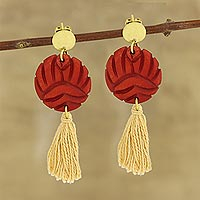 Bone dangle earrings, 'Red Glorious Circles' - Handcrafted Round Red Bone Dangle Earrings from India