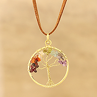 Agate long pendant necklace, 'Radiant Tree' - Colorful Agate Tree Pendant Necklace from India