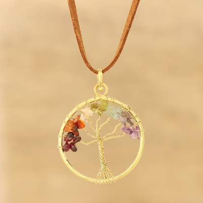 Achat lange Anhänger-Halskette, 'Radiant Tree' (Strahlender Baum) - Bunte Achatbaum-Anhänger-Halskette aus Indien