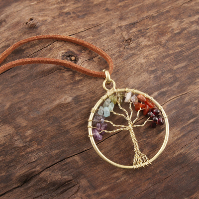 Agate long pendant necklace, 'Radiant Tree' - Colorful Agate Tree Pendant Necklace from India