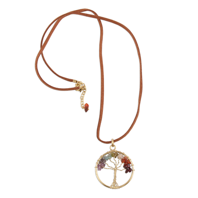 Achat lange Anhänger-Halskette, 'Radiant Tree' (Strahlender Baum) - Bunte Achatbaum-Anhänger-Halskette aus Indien
