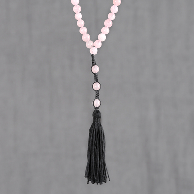 Rose quartz beaded Y-necklace, 'Pink Attraction' - Rose Quartz Long Beaded Y-Necklace from India