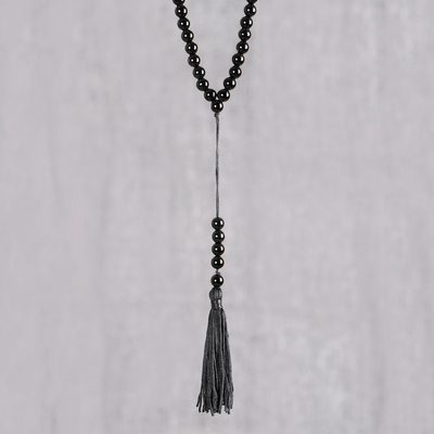 Onyx and rose quartz beaded Y-necklace, 'Midnight Glory' - Onyx and Rose Quartz Long Beaded Y-Necklace from India