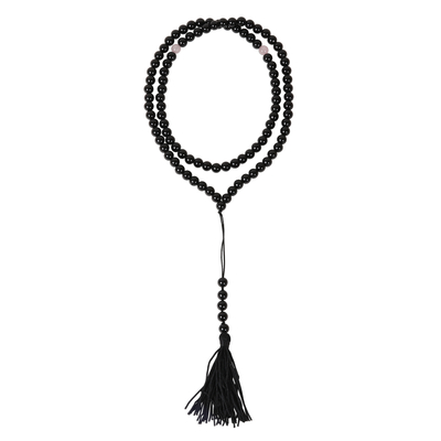 Onyx and rose quartz beaded Y-necklace, 'Midnight Glory' - Onyx and Rose Quartz Long Beaded Y-Necklace from India
