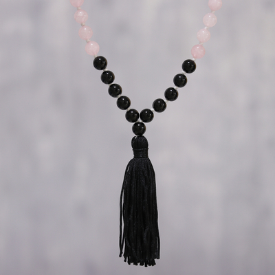Onyx and rose quartz beaded Y-necklace, 'Midnight Fusion' - Onyx and Rose Quartz Beaded Y-Necklace with a Tassel