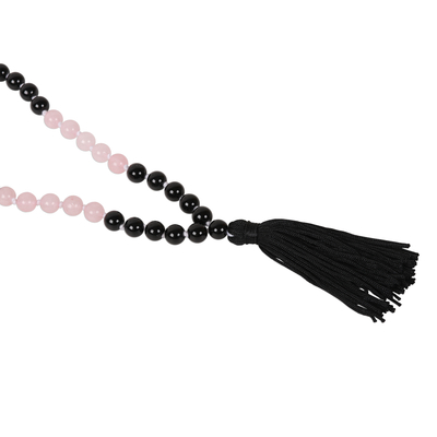 Onyx and rose quartz beaded Y-necklace, 'Midnight Fusion' - Onyx and Rose Quartz Beaded Y-Necklace with a Tassel
