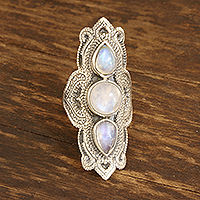 Rainbow Moonstone Multi-Stone Cocktail Ring from Bali,'Classic Royalty'