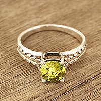Peridot solitaire ring, 'Sparkling Crown' - Faceted Peridot Solitaire Ring from India
