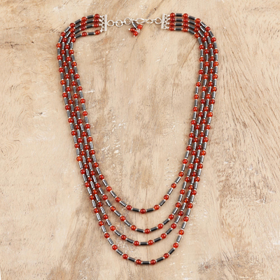 Carnelian and hematite beaded strand necklace, Red-Orange Orbs