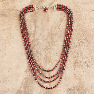 Carnelian and hematite beaded strand necklace, 'Red-Orange Orbs' - Carnelian and Hematite Beaded Strand Necklace from India