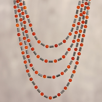 Carnelian and hematite beaded strand necklace, 'Red-Orange Orbs' - Carnelian and Hematite Beaded Strand Necklace from India