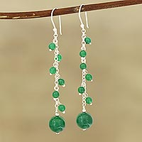 Onyx beaded dangle earrings, 'Orb Dance in Green' - Green Onyx Beaded Dangle Earrings Crafted in India