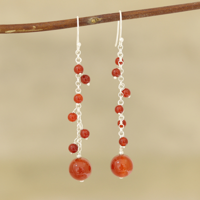 Onyx beaded dangle earrings, 'Orb Dance in Red-Orange' - Red-Orange Onyx Beaded Dangle Earrings Crafted in India