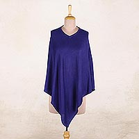 Indian Cashmere Wool Knitted Cobalt Blue Poncho,'Cobalt Blue Warmth'