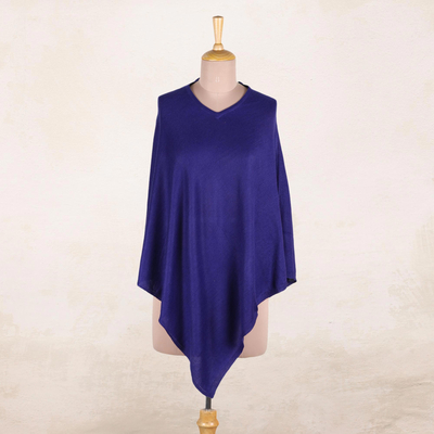 Wool poncho, 'Cobalt Blue Warmth' - Indian Cashmere Wool Knitted Cobalt Blue Poncho