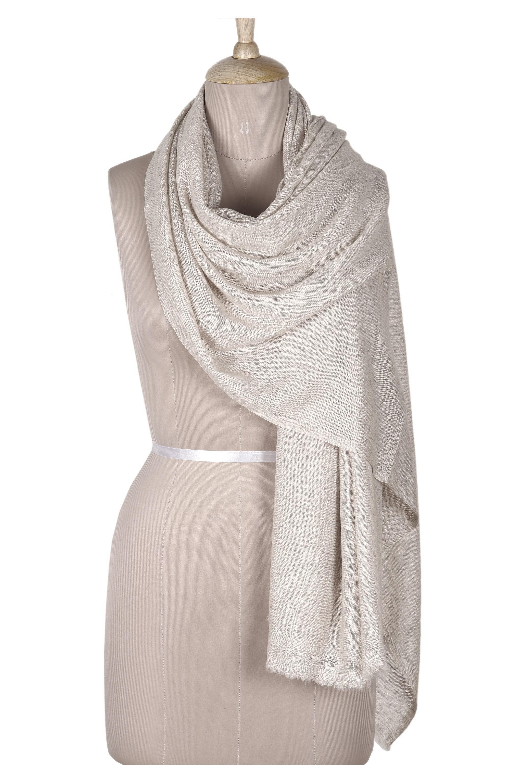 Soft Indian Cashmere Wool Woven Ivory Shawl - Alabaster Allure | NOVICA
