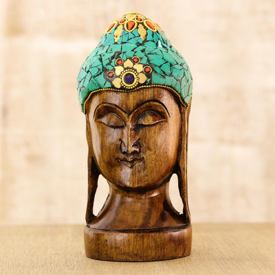 Escultura de madera - Escultura de Buda de madera y resina Kadam de la India