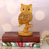 Wood sculpture, 'Midnight Grace in Light Brown' - Openwork Kadam Wood Owl Sculpture in Light Brown from India