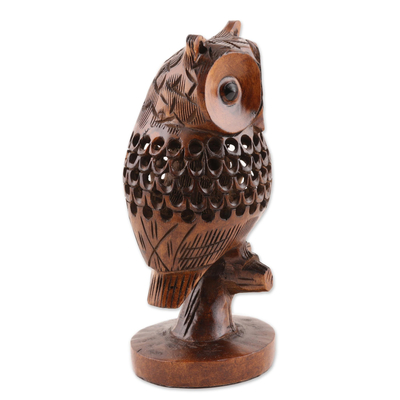 Wood sculpture, 'Midnight Grace in Dark Brown' - Openwork Kadam Wood Owl Sculpture in Dark Brown from India