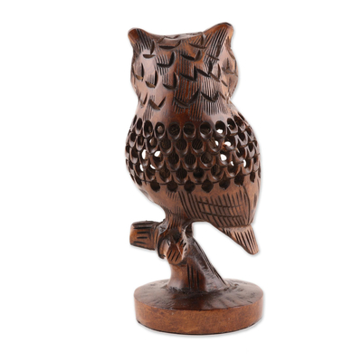 Wood sculpture, 'Midnight Grace in Dark Brown' - Openwork Kadam Wood Owl Sculpture in Dark Brown from India