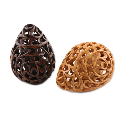 Figuritas de madera, (par) - Figuras de huevos de madera Kadam talladas a mano de la India (par)