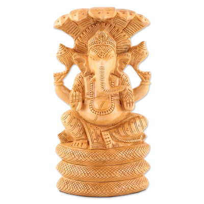 Ganesha and Serpent-Themed Kadam Wood Sculpture from India