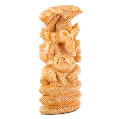 Wood sculpture, 'Seshnag' - Ganesha and Serpent-Themed Kadam Wood Sculpture from India