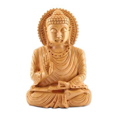 Wood sculpture, 'Buddha's Serenity' - Hand-Carved Kadam Wood Buddha Sculpture from India