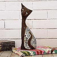 Wood and glass sculpture, Glimmering Cat (8 inch)