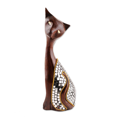 Wood and Glass Cat Sculpture from India (8 Inch)
